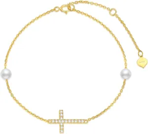 SISGEM 10k Gold Created Moissanite Cross Anklets for Women, Religious Ankle Bracelet Jewelry Comfirmation Gifts for Her, 9.4-11 Inches