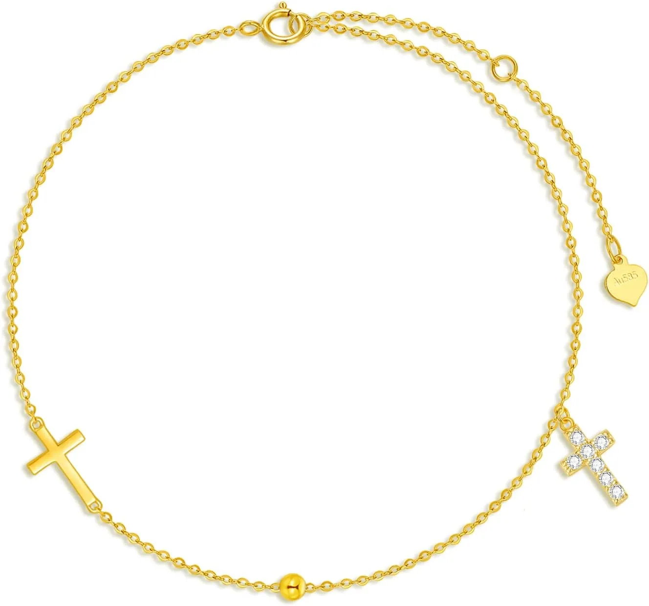 SISGEM 14K Yellow Gold Cross Anklets for Women,Real Gold Religious Cross Ankle Bracelet Dainty Beaded Foot Jewelry Sea Beach Gifts for Birthday Christmas 8 2 inch