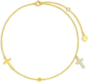 SISGEM 14K Yellow Gold Cross Anklets for Women,Real Gold Religious Cross Ankle Bracelet Dainty Beaded Foot Jewelry Sea Beach Gifts for Birthday Christmas 8 2 inch