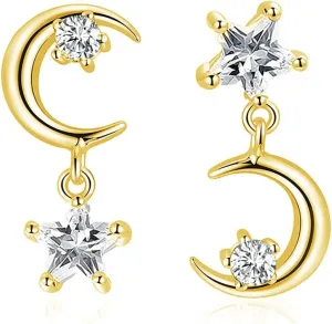 SLUYNZ 925 Sterling Silver CZ Crystal Star Moon Studs Earrings for Women Sparkling Asymmetric Studs Earrings