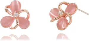 Small CZ Clover Leaf Stud Earrings for Women 925 Sterling Silver 14K Gold Plated Cat Eye's Shamrock Flower Studs Lucky Opal Petal Floral Cartilage Tragus Earring Chic Jewelry for Mother Sister