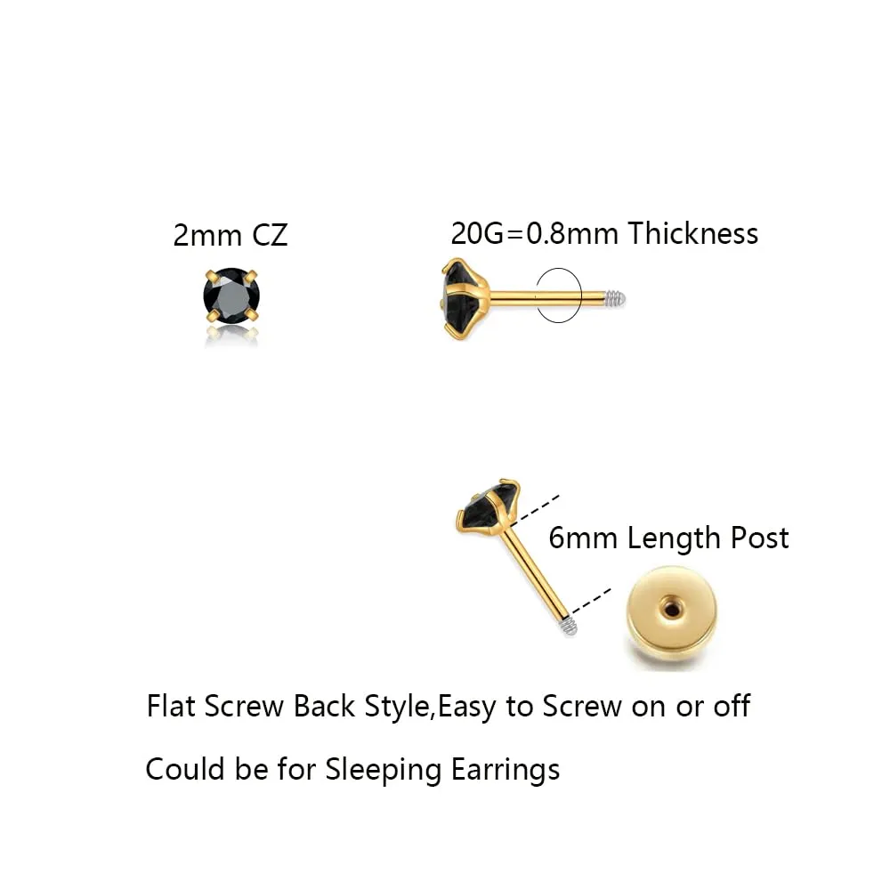 Small CZ Stud Flatback Earrings for Women,Dainty Flat Screw Back Cartilage Earring Stud,Helix Conch Tragus Piercing Jewelry,Tiny Cubic Zirconia Studs Hypoallergenic (2mm Gold, Black CZ)