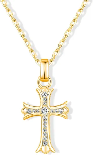 Small Gold Cross Necklace for Women and Men, Gold/S925 Sterling Silver Girl's Cross Necklace With Moissanite Diamond, Cross Necklace for Boys, Cross Pendant Necklace for Kids (Gold), 20inch
