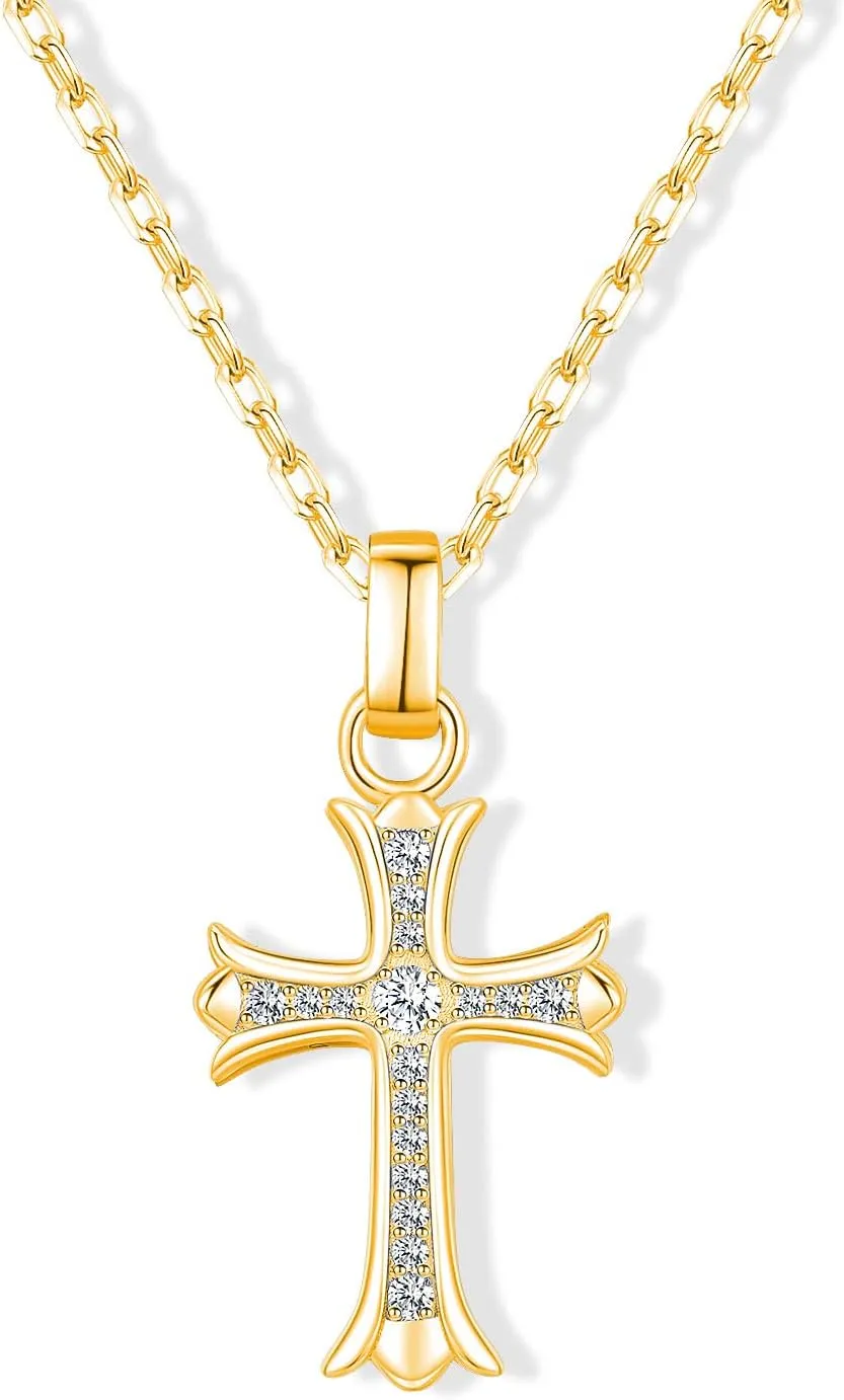 Small Gold Cross Necklace for Women and Men, Gold/S925 Sterling Silver Girl's Cross Necklace With Moissanite Diamond, Cross Necklace for Boys, Cross Pendant Necklace for Kids (Gold), 20inch