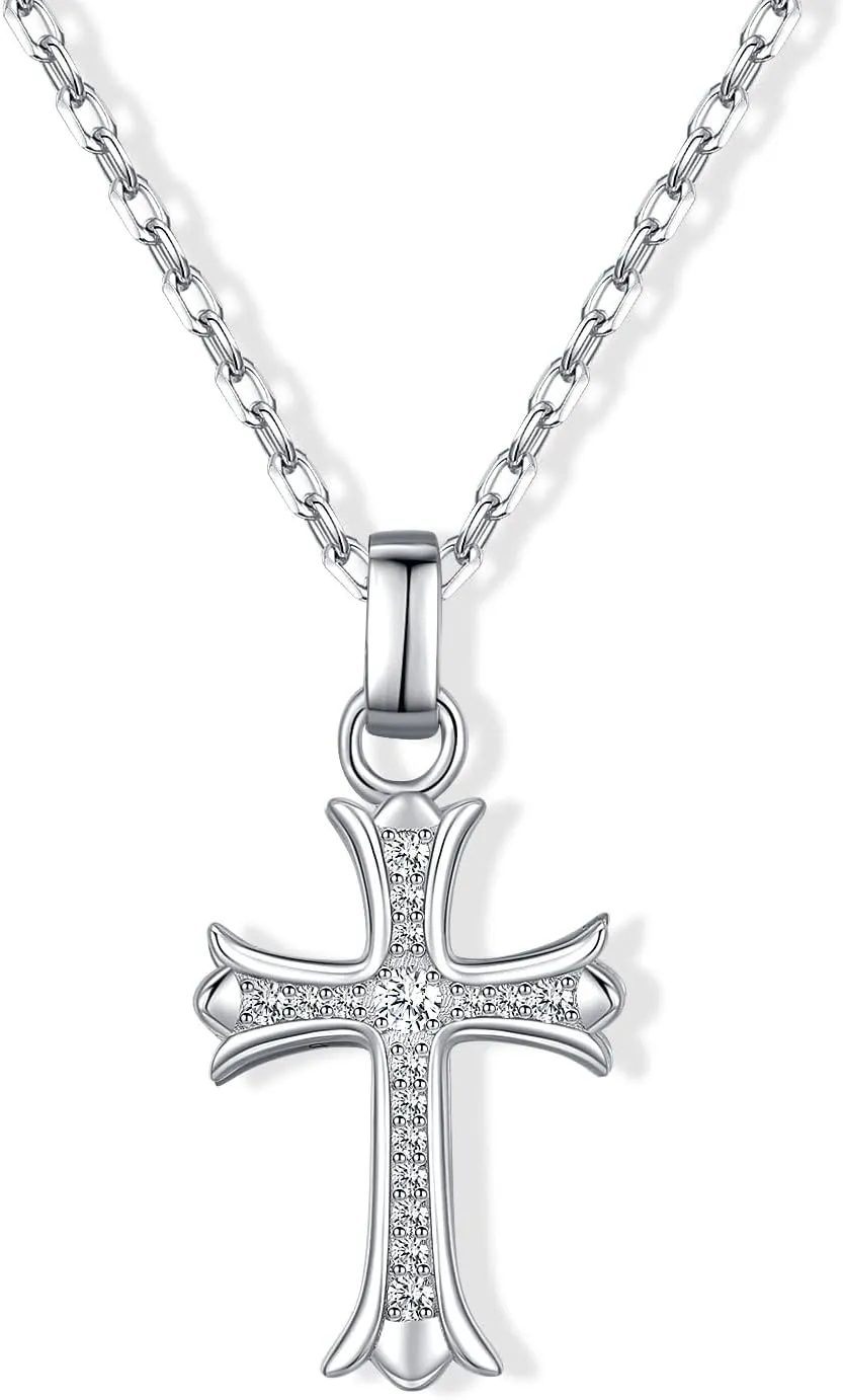 Small Gold Cross Necklace for Women and Men, Gold/S925 Sterling Silver Moissanite Diamond, for Men, Cross Pendant Necklace for Women (Silver)