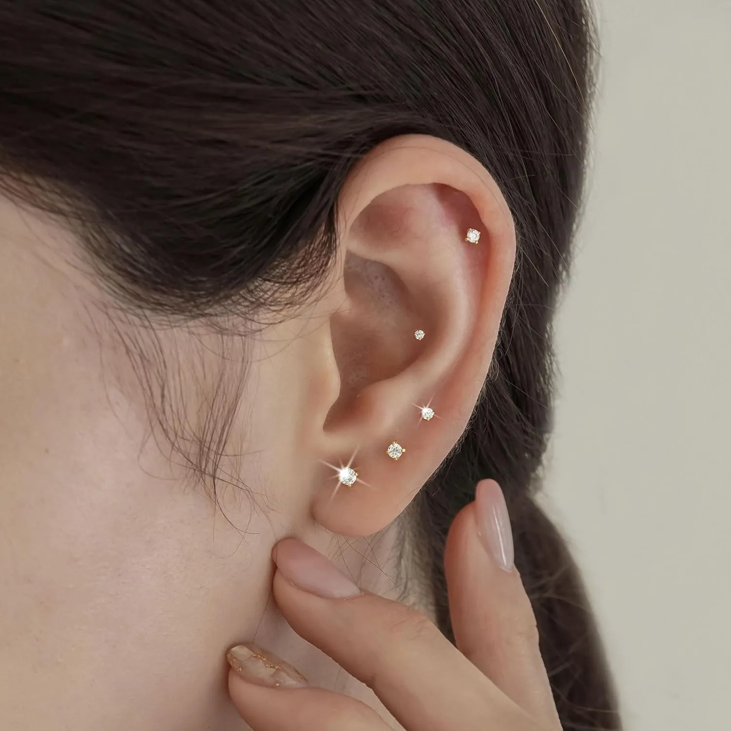 Small Gold Stud Earrings Set for Women Men, Hypoallergenic Cubic Zirconia Mini Stud Earrings for Women, 14K Gold Plated Tiny Cartilage Earrings Set for Multiple Piercing 5 Earrings Pack