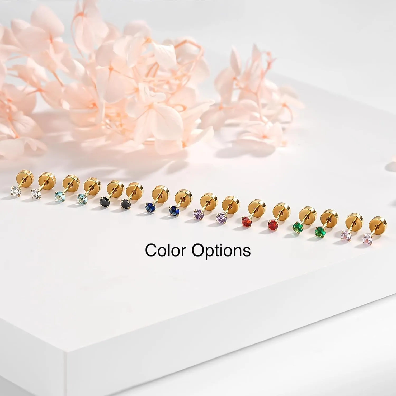Small Gold Stud Flat Back Earrings for Women 14k Gold, Hypoallergenic Flatback Cartilage Earring Stud, Helix Conch Tragus Piercing Jewelry, Screw Back Tiny Earrings Studs (Gold, Black CZ)