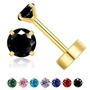 Small Gold Stud Flat Back Earrings for Women 14k Gold, Hypoallergenic Flatback Cartilage Earring Stud, Helix Conch Tragus Piercing Jewelry, Screw Back Tiny Earrings Studs (Gold, Black CZ)