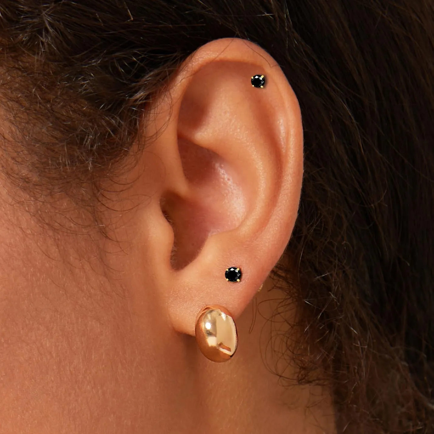 Small Gold Stud Flat Back Earrings for Women 14k Gold, Hypoallergenic Flatback Cartilage Earring Stud, Helix Conch Tragus Piercing Jewelry, Screw Back Tiny Earrings Studs (Gold, Black CZ)