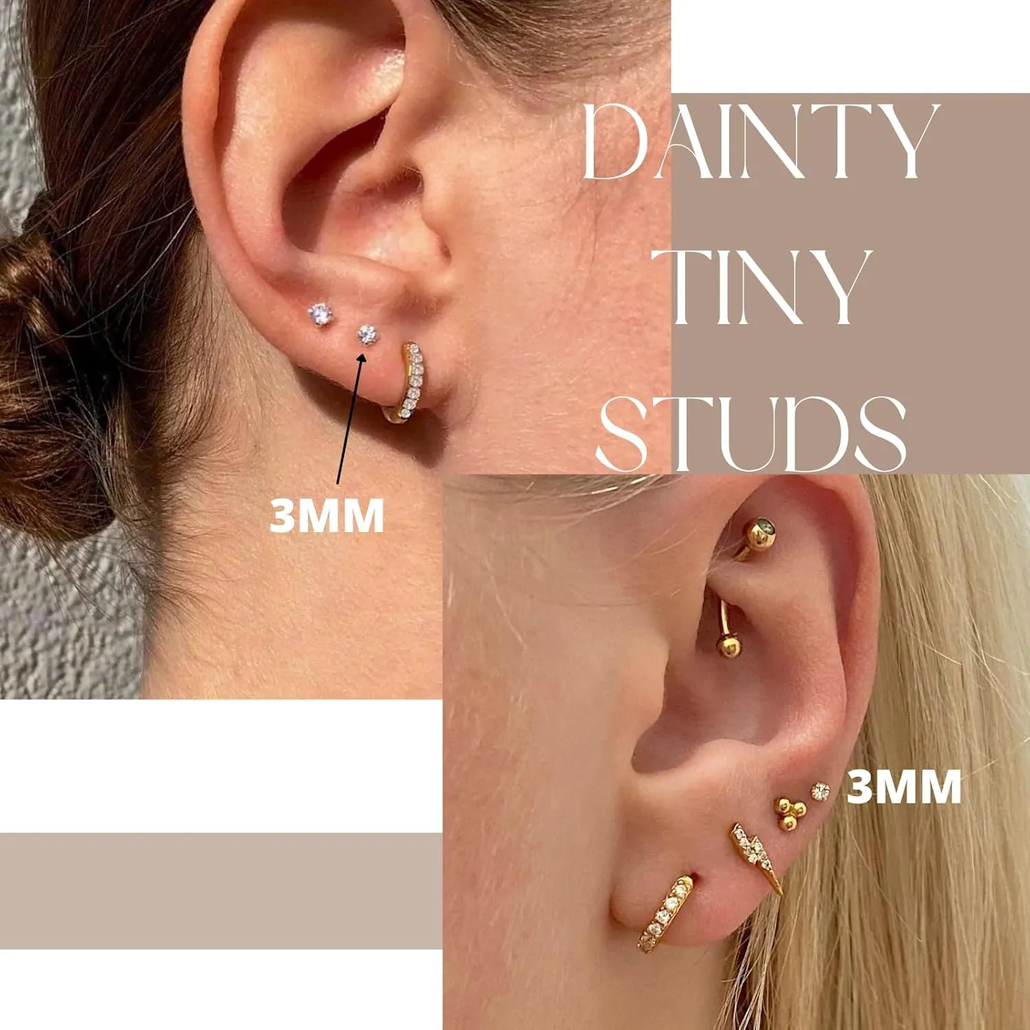 Small Gold Stud Flat Back Earrings for Women 14k Gold, Hypoallergenic Flatback Cartilage Earring Stud, Helix Conch Tragus Piercing Jewelry, Screw Back Tiny Earrings Studs (Gold, Black CZ)