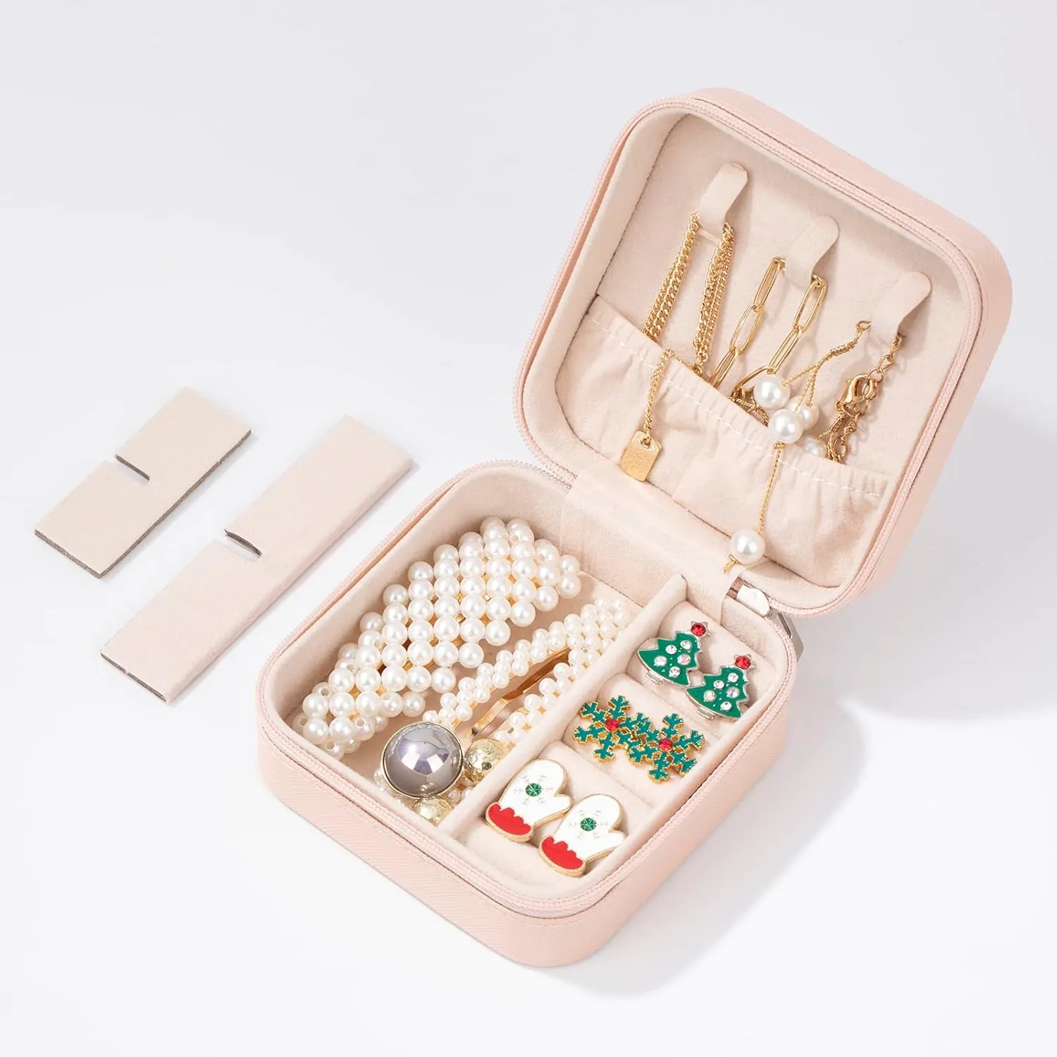 Small Jewelry Box Travel Case Ring Earring Holder Organizer for Traveling Necklace Women Children Kids Little Girls Gift PU Leather Portable Storage Carrier - Baby Pink
