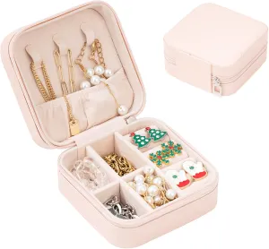 Small Jewelry Box Travel Case Ring Earring Holder Organizer for Traveling Necklace Women Children Kids Little Girls Gift PU Leather Portable Storage Carrier - Baby Pink
