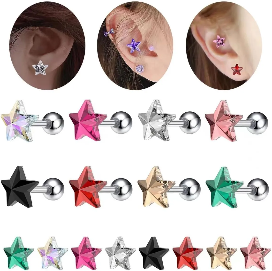 Small Star Cartilage Stud Earrings Stainless Steel Acrylic Stars Screw Back Studs Earrings Helix Conch Tragus Piercing Jewelry for Women