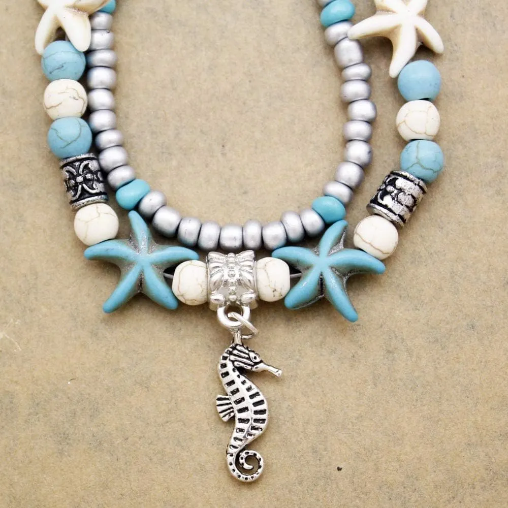 Softones Blue Starfish Turtle Anklet Multilayer Charm Beads Sea Handmade Boho Anklet Foot Jewelry for Women