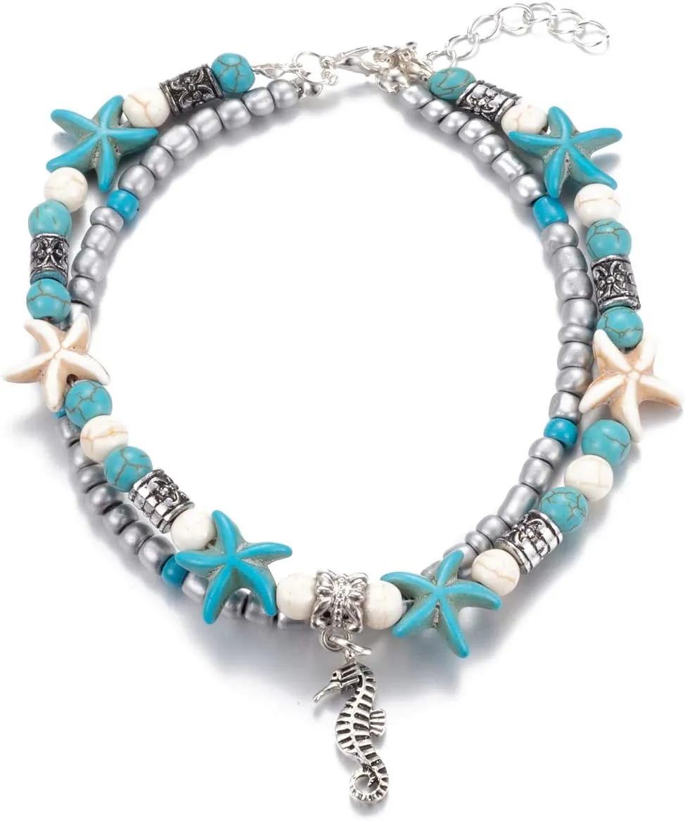 Softones Blue Starfish Turtle Anklet Multilayer Charm Beads Sea Handmade Boho Anklet Foot Jewelry for Women