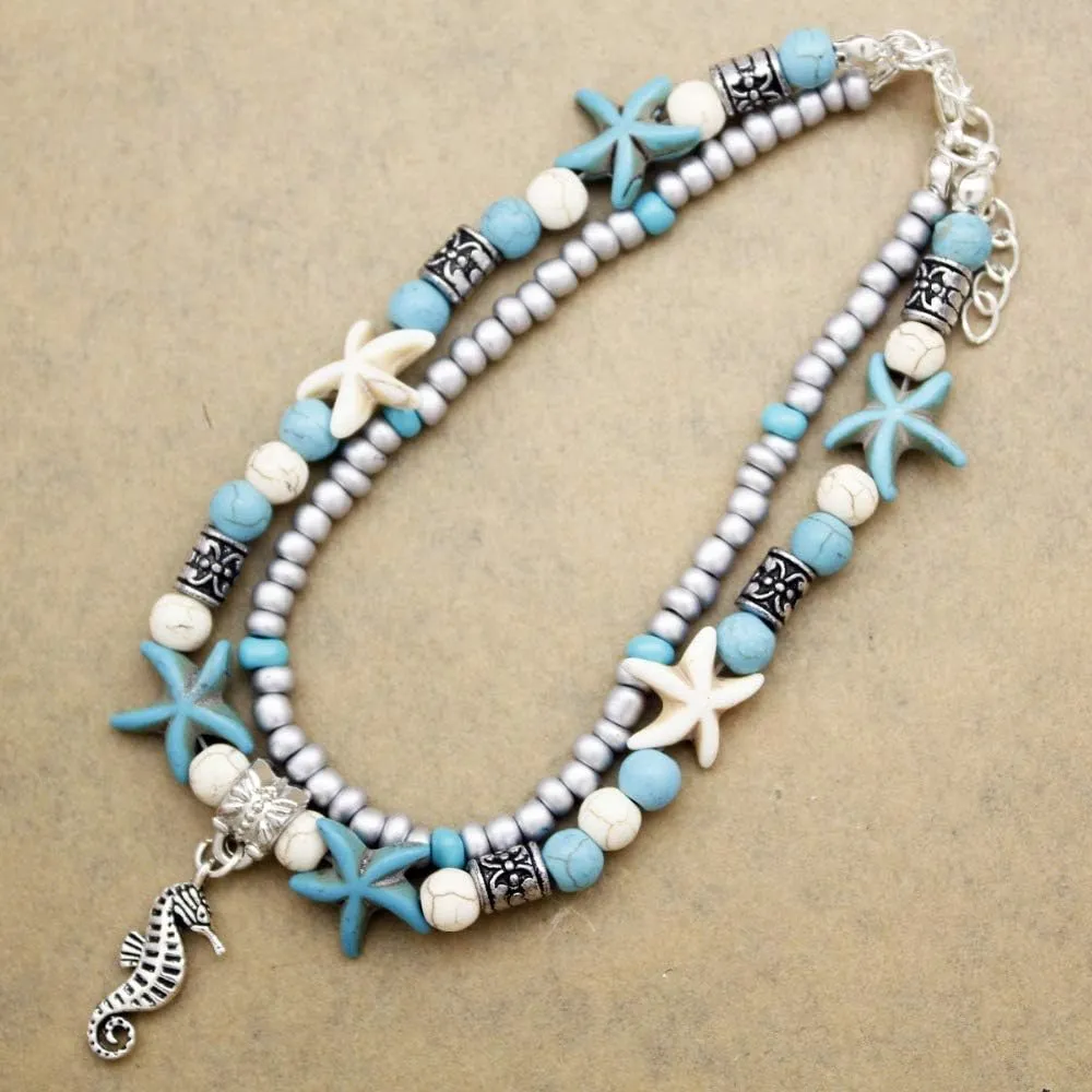 Softones Blue Starfish Turtle Anklet Multilayer Charm Beads Sea Handmade Boho Anklet Foot Jewelry for Women