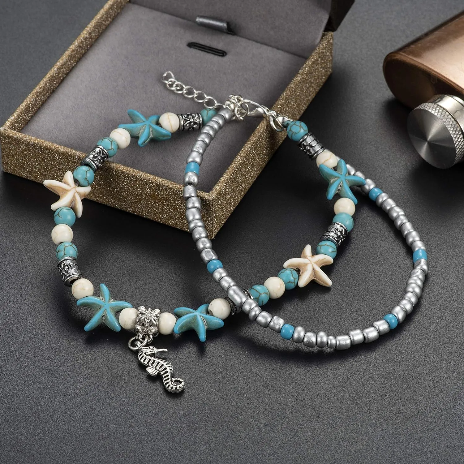 Softones Blue Starfish Turtle Anklet Multilayer Charm Beads Sea Handmade Boho Anklet Foot Jewelry for Women