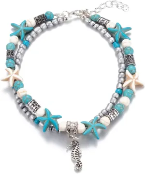 Softones Blue Starfish Turtle Anklet Multilayer Charm Beads Sea Handmade Boho Anklet Foot Jewelry for Women