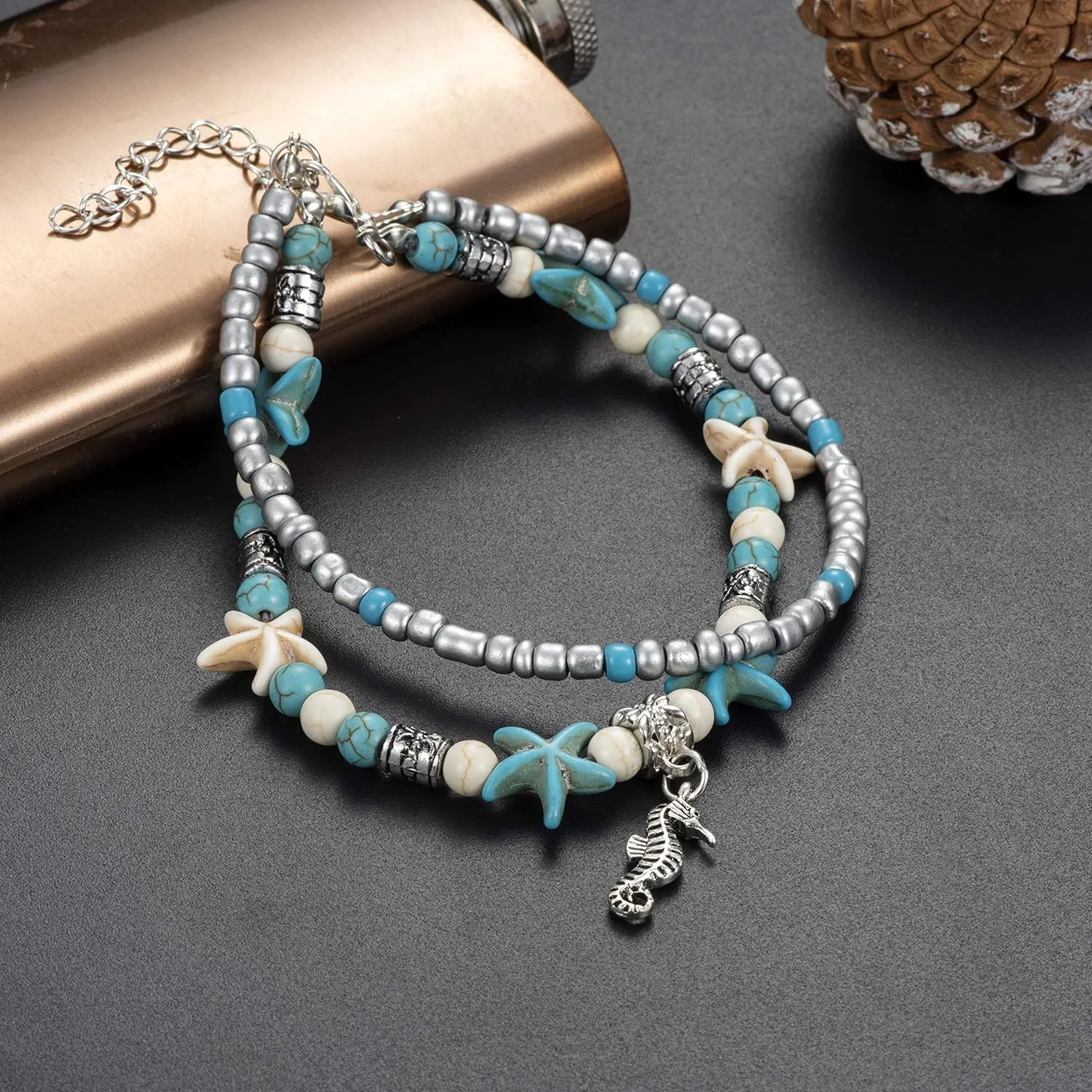 Softones Blue Starfish Turtle Anklet Multilayer Charm Beads Sea Handmade Boho Anklet Foot Jewelry for Women