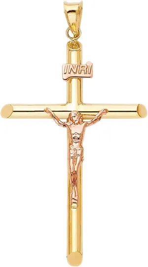 Solid 14K Yellow Rose Gold Crucifix Pendant - Two Tone Jesus Cross Charm Religious Pendant - Suitable for Men & Women - Great Gift for Christmas & All Occasion