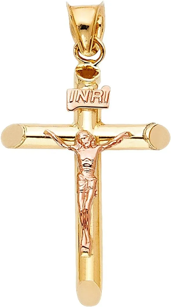 Solid 14K Yellow Rose Gold Crucifix Pendant - Two Tone Jesus Cross Charm Religious Pendant - Suitable for Men & Women - Great Gift for Christmas & All Occasion