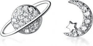 Solid S925 Silver Stud Earrings|Earth Planet Moon Crescent Shinning Studs|5A CZ Diamonds Sparkling Star|Hypoallergenic Earrings|Silver Backs