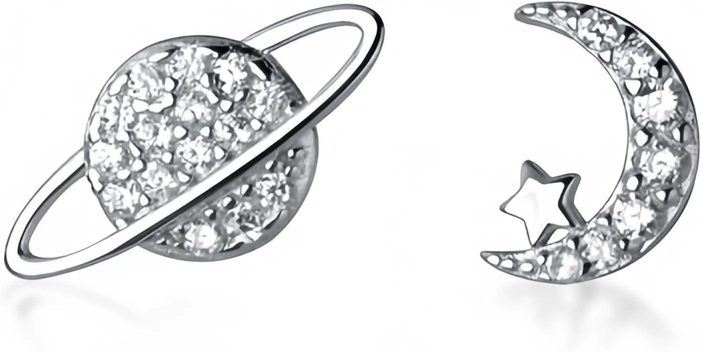 Solid S925 Silver Stud Earrings|Earth Planet Moon Crescent Shinning Studs|5A CZ Diamonds Sparkling Star|Hypoallergenic Earrings|Silver Backs