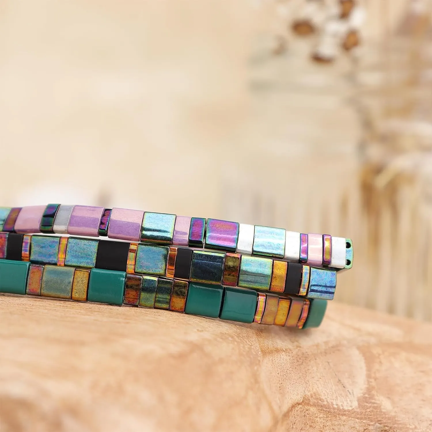 Sonateomber Tila Flat Beaded Stretch Stack Bracelets Set for Women, 3Pcs Trendy Stackable Colorful Glass Square Beads Bracelet Friendship Accessories Jewelry Gift