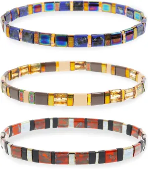 Sonateomber Tila Flat Beaded Stretch Stack Bracelets Set for Women, 3Pcs Trendy Stackable Colorful Glass Square Beads Bracelet Friendship Accessories Jewelry Gift