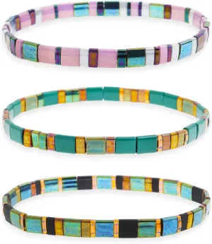 Sonateomber Tila Flat Beaded Stretch Stack Bracelets Set for Women, 3Pcs Trendy Stackable Colorful Glass Square Beads Bracelet Friendship Accessories Jewelry Gift