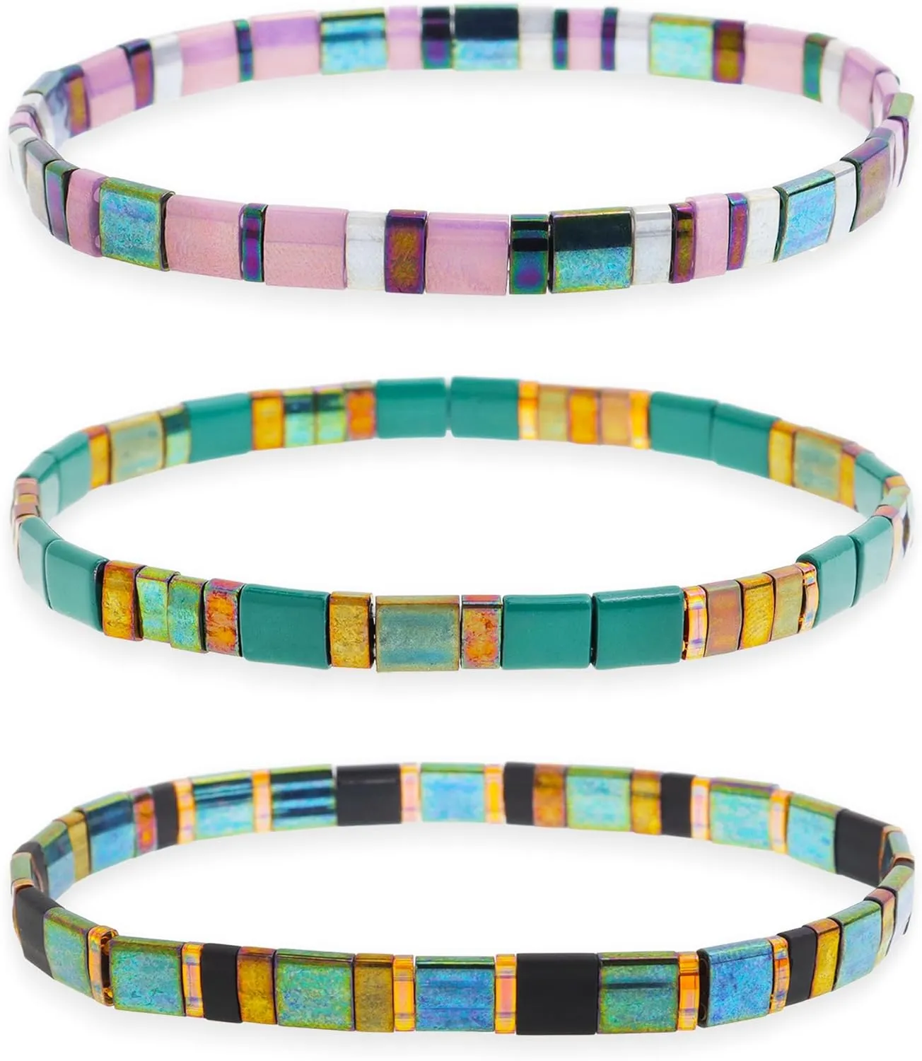 Sonateomber Tila Flat Beaded Stretch Stack Bracelets Set for Women, 3Pcs Trendy Stackable Colorful Glass Square Beads Bracelet Friendship Accessories Jewelry Gift