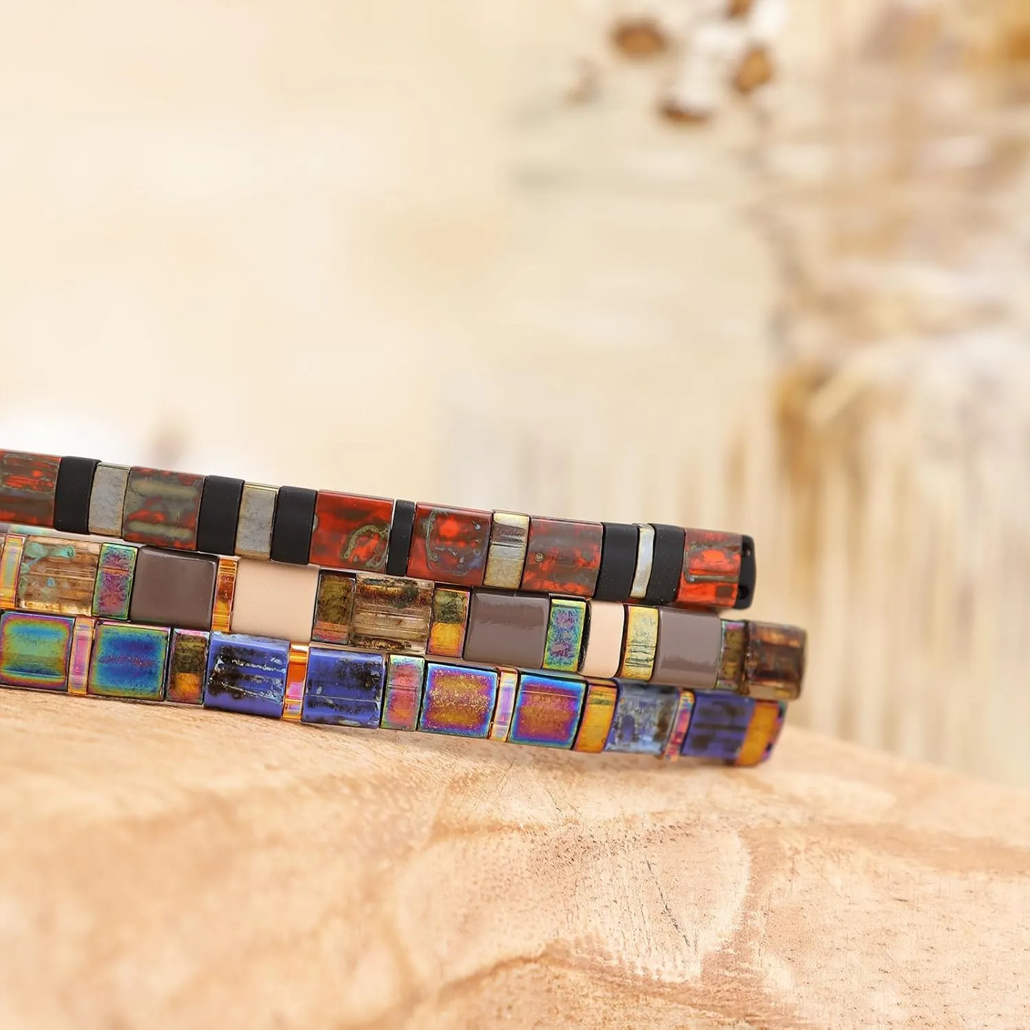 Sonateomber Tila Flat Beaded Stretch Stack Bracelets Set for Women, 3Pcs Trendy Stackable Colorful Glass Square Beads Bracelet Friendship Accessories Jewelry Gift