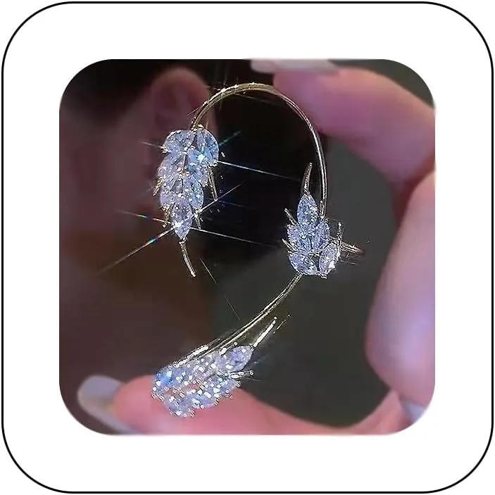 Sparkling Rhinestone Wheat Ear Cuffs 2Pcs Leaf Cartilage Ear Wrap Non-Pierced Fake Earrings Prom Party Festival Accessory for Women