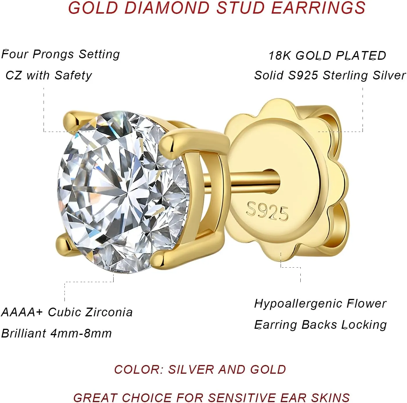 Sparkling Round Cut/Square Cut CZ Diamond Stud Earrings 925 Sterling Silver Cubic Zirconia Stud Earrings Hypoallergenic CZ Studs Earrings for Women/Men Unisex Earrings Studs 4MM-8MM