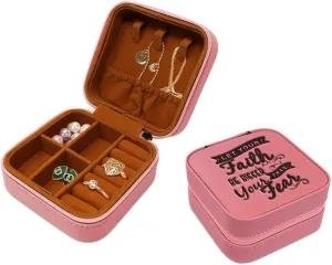Speedy Pros Engraved Leather Jewelry Box Faith Bigger than Your Fears Inspiration & Motivation Faith Travel Earring Case for Women Soft Pink