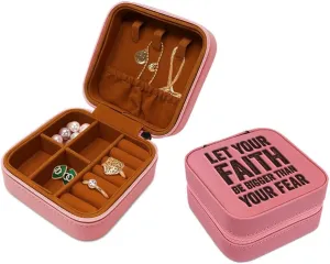 Speedy Pros Engraved Leather Jewelry Box Let Faith Be Bigger than Your Fear Inspiration & Motivation Travel Earring Case for Women Soft Pink