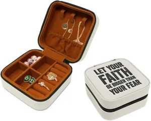 Speedy Pros Engraved Leather Jewelry Box Let Faith Be Bigger than Your Fear Inspiration & Motivation Travel Earring Case for Women White