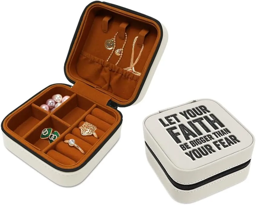 Speedy Pros Engraved Leather Jewelry Box Let Faith Be Bigger than Your Fear Inspiration & Motivation Travel Earring Case for Women White