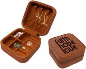 Speedy Pros Leather Jewelry Box Faith Hope Love Engraved Travel Jewelry Case Personalized Jewelry Organizer Earring Ring Box Storage Caramel Design Only