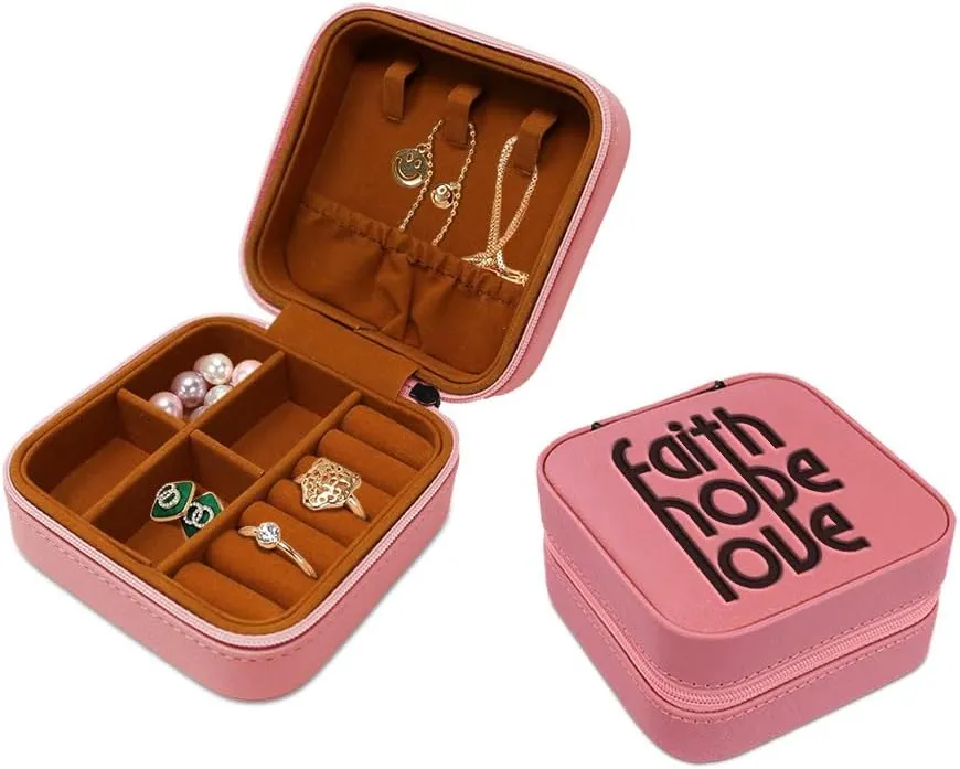 Speedy Pros Leather Jewelry Box Faith Hope Love Engraved Travel Jewelry Case Personalized Jewelry Organizer Earring Ring Box Storage Soft Pink Design Only