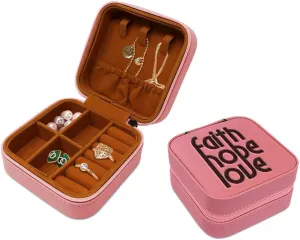 Speedy Pros Leather Jewelry Box Faith Hope Love Engraved Travel Jewelry Case Personalized Jewelry Organizer Earring Ring Box Storage Soft Pink Design Only