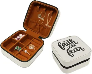 Speedy Pros Leather Jewelry Box Faith over Fear Engraved Travel Jewelry Case Personalized Jewelry Organizer Earring Ring Box Storage White Design Only