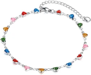 Stainless Steel Colorful Rainbow Love Heart Anklet Ankle Bracelet Foot Chain Necklace for Women Candy Color
