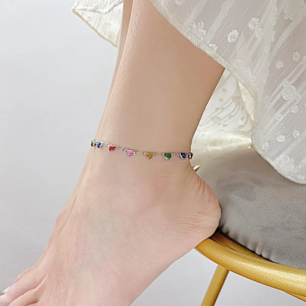 Stainless Steel Colorful Rainbow Love Heart Anklet Ankle Bracelet Foot Chain Necklace for Women Candy Color