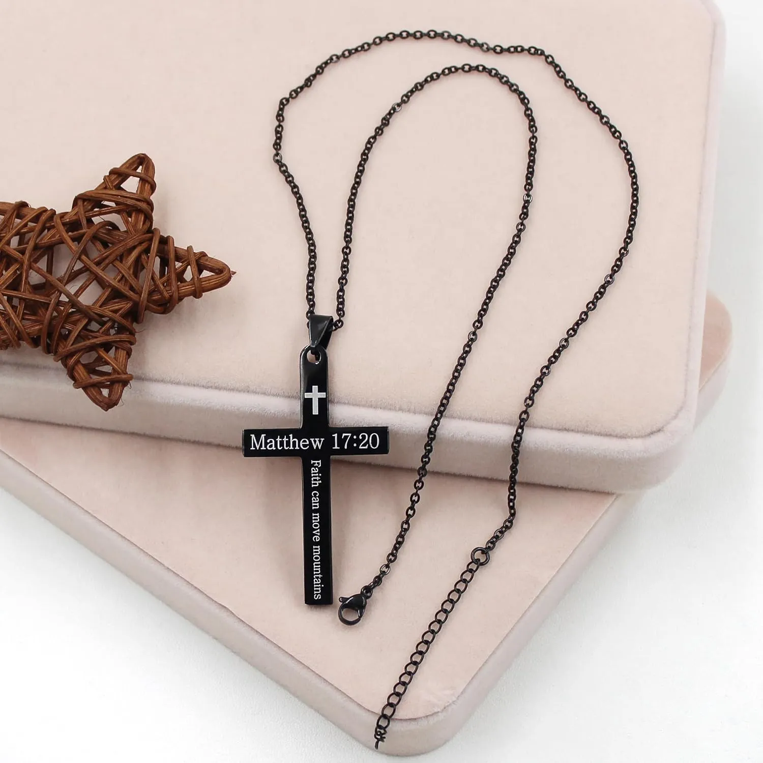 Stainless Steel Cross Necklace | Engraved Bible Verse Pendant | Jesus Savior Cross Necklaces | Personalized Matthew 17:20 Jewelry | Healing Energy & Meditation Gift for Men YA5186