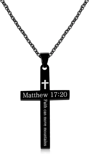 Stainless Steel Cross Necklace | Engraved Bible Verse Pendant | Jesus Savior Cross Necklaces | Personalized Matthew 17:20 Jewelry | Healing Energy & Meditation Gift for Men YA5186