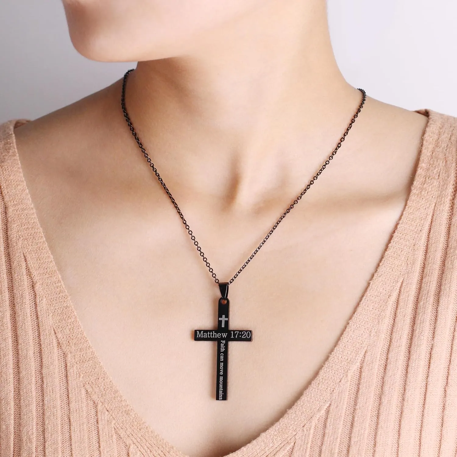 Stainless Steel Cross Necklace | Engraved Bible Verse Pendant | Jesus Savior Cross Necklaces | Personalized Matthew 17:20 Jewelry | Healing Energy & Meditation Gift for Men YA5186