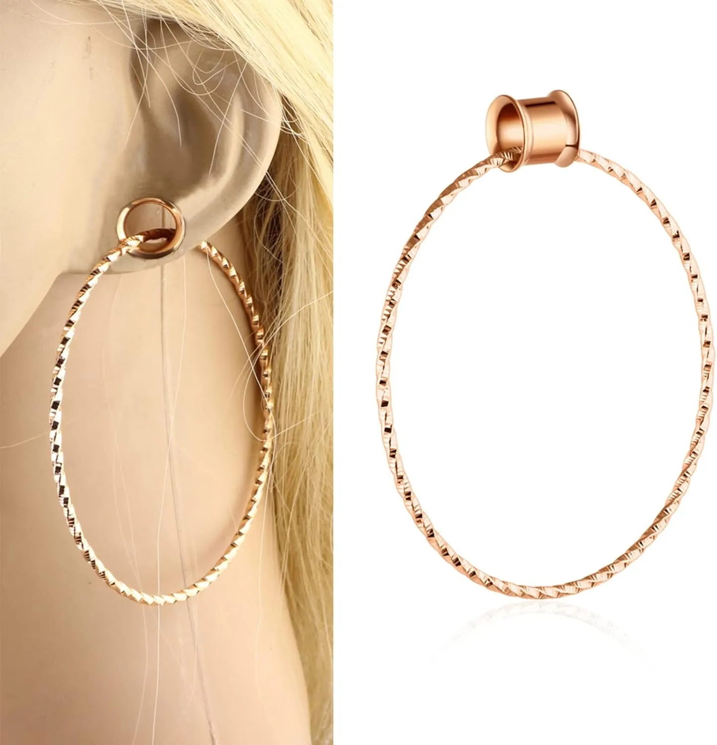 Stainless Steel Ear Tunnels Ear Gauges Women Rose Gold/Silver with Big Hoop Dangle Ear Expander Body Piercing Jewelry, 1 Pair, 6MM - 20MM