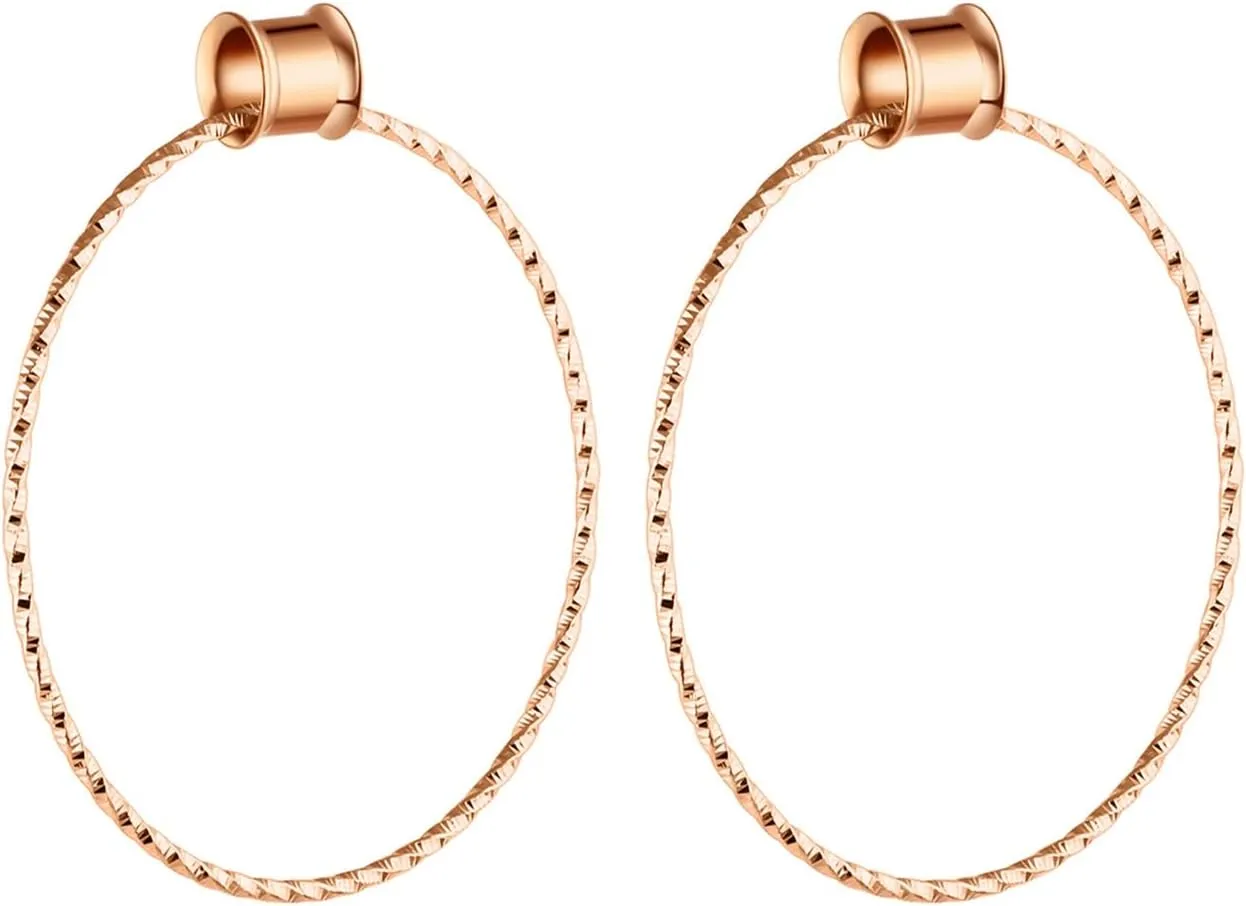 Stainless Steel Ear Tunnels Ear Gauges Women Rose Gold/Silver with Big Hoop Dangle Ear Expander Body Piercing Jewelry, 1 Pair, 6MM - 20MM