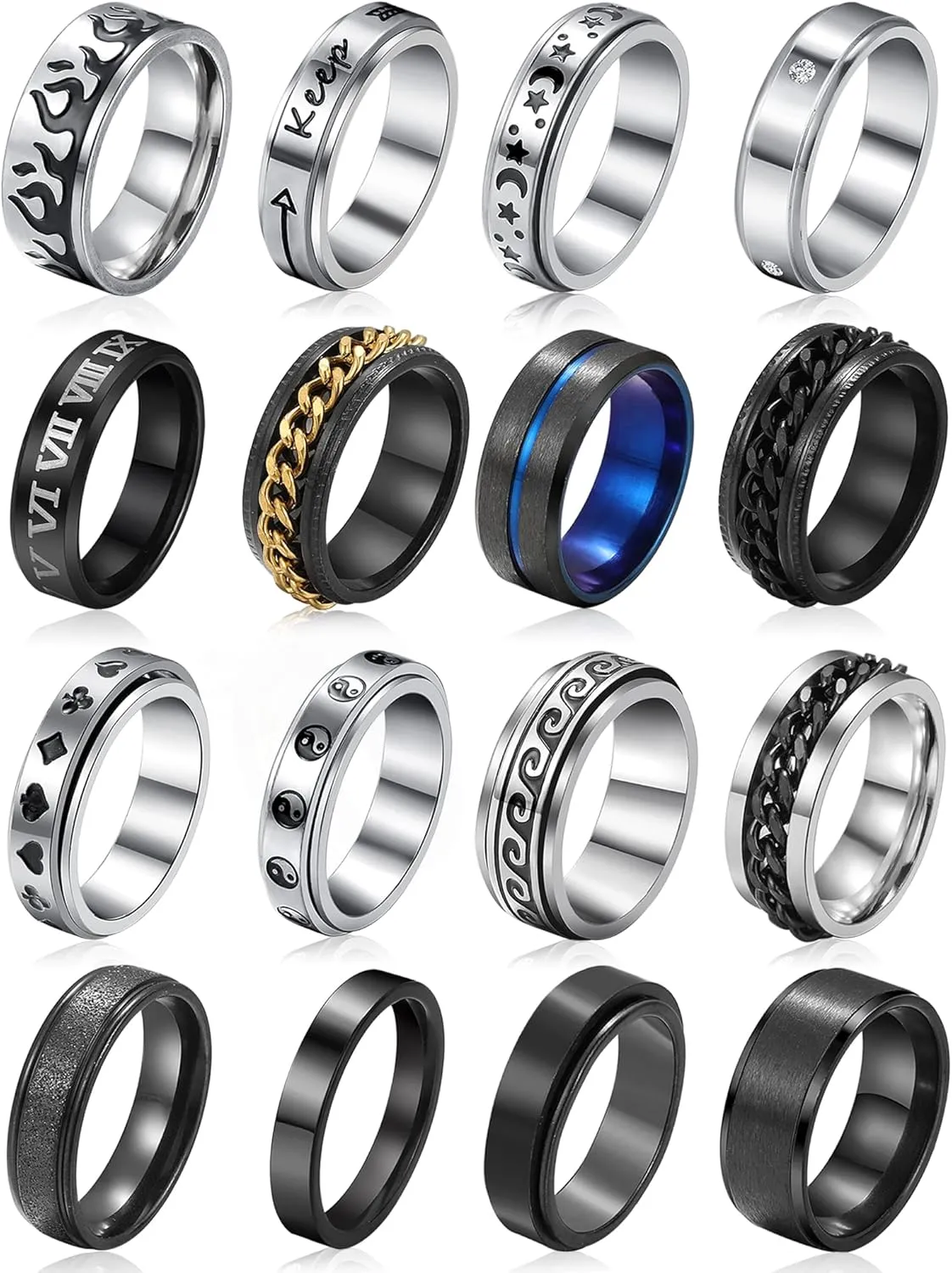 Stainless Steel Fidget Rings for Men, Sliver Fidget Rings for Women, Cool Spinner Ring Set, Black Mens Wedding Band Ring Pack